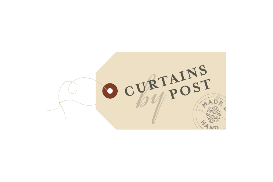 Curtains by Post | Logo 1 Beige product tag for Curtains by Post with a brown circle accent and "Made by Hand" stamp.