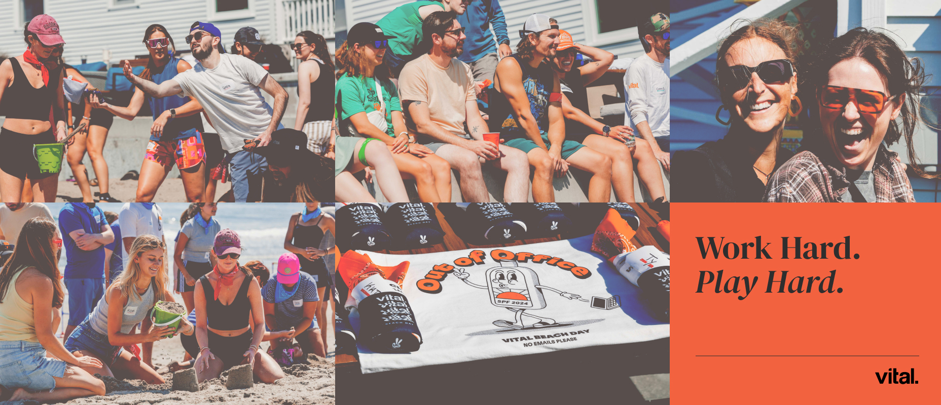 Group of people at a beach event with "Work Hard. Play Hard." text and Vital branding.