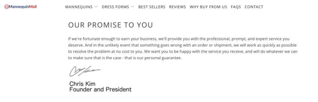 Mannequin Mall promise letter from Founder