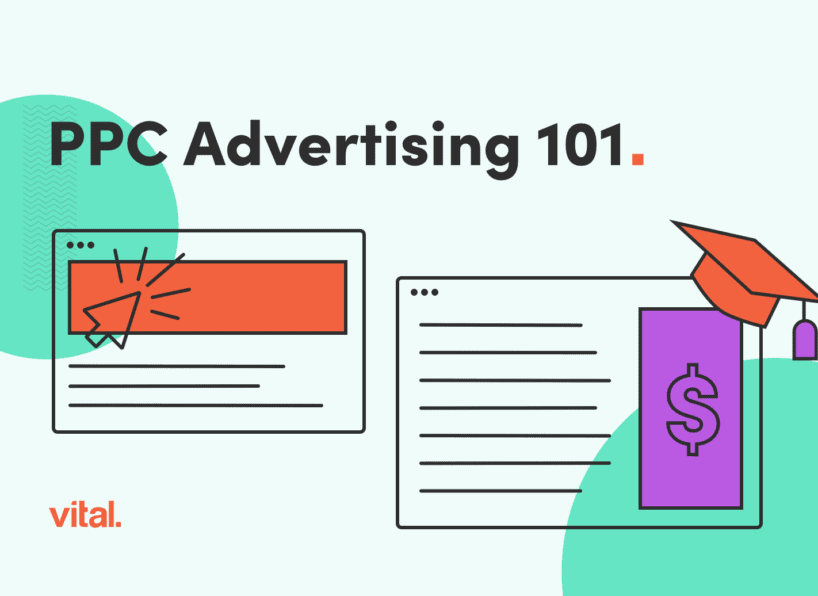 text "PPC advertising 101" floats over an illustration of a webpage being clicked