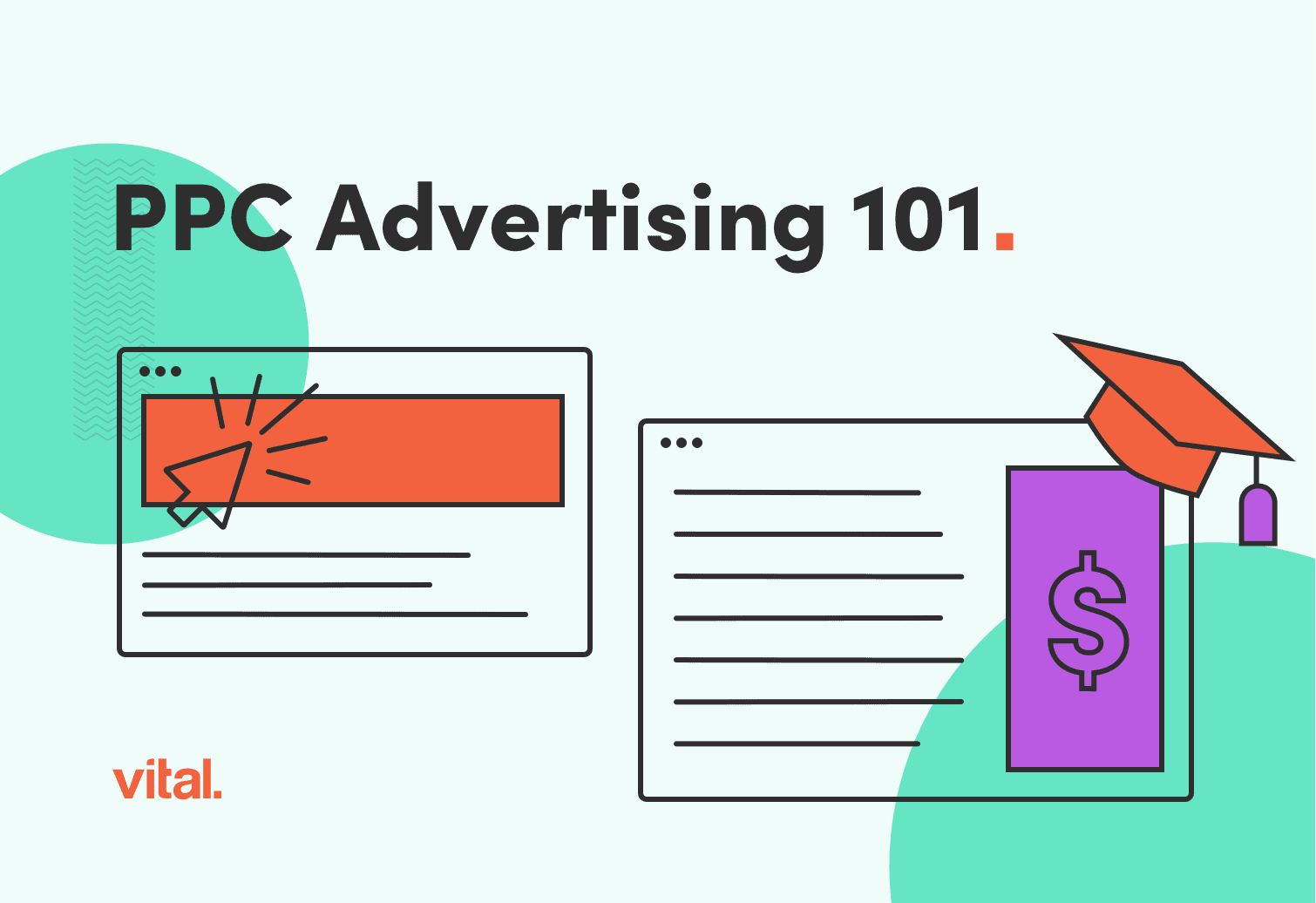 text "PPC advertising 101" floats over an illustration of a webpage being clicked