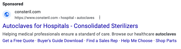  A Google Search Ad with the headline: Autoclaves for Hospitals - Consolidated Sterilizers.