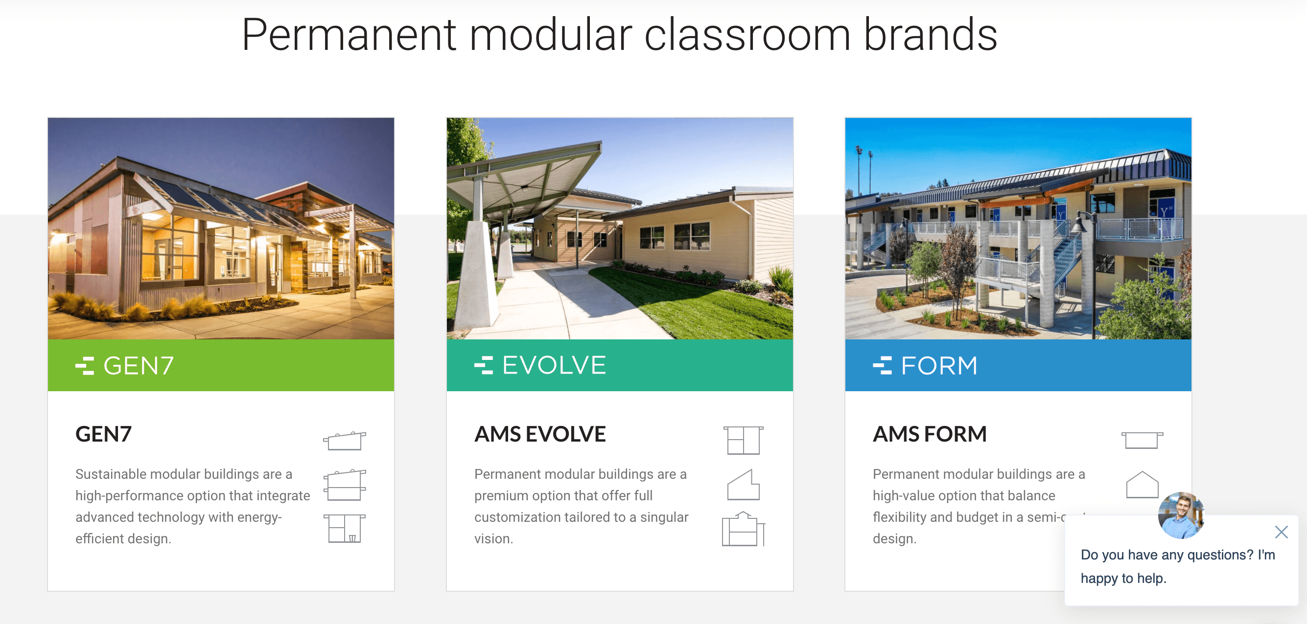 A screenshot of the American Modular Systems website. There are three image cards with photographs of different kinds of modular classrooms.