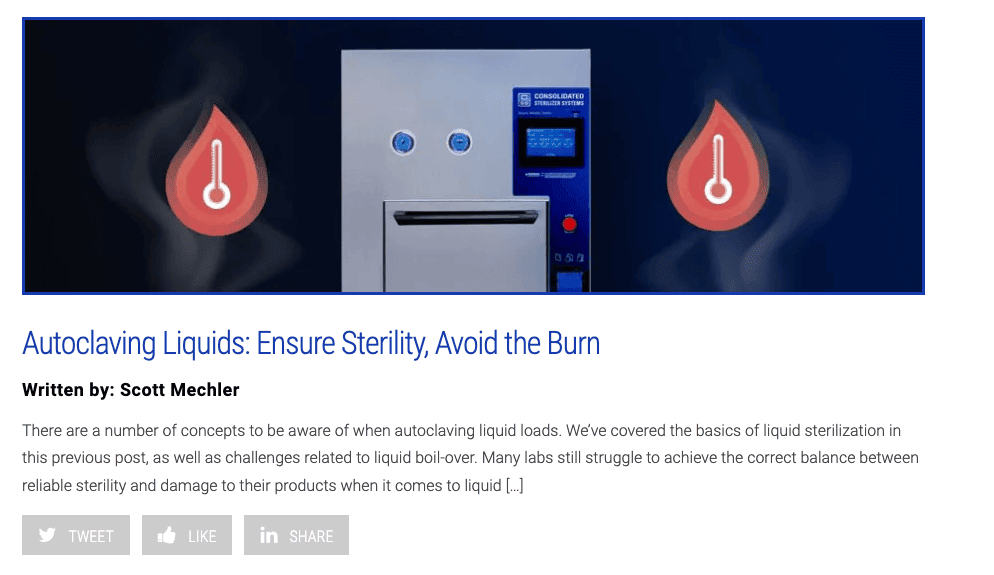 A featured image for a blog post titled: Autoclaving Liquids: Ensure sterility, Avoid the Burn. The image shows a steel autoclave on a dark background. On either side of the autoclave there is a large red drop with a thermometer inside.