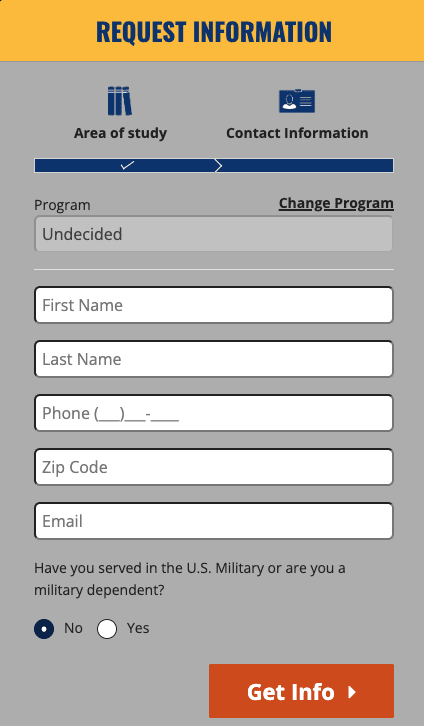 A web form titled "Request Information." Form fields are First Name, Last Name, Phone, Zip Code, and Email. The call-to-action button reads "Get Info."