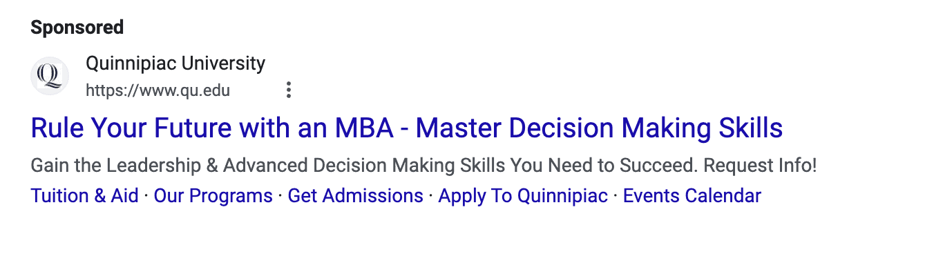 A PPC ad for Quinnipiac University. The headline reads. "Rule Your Future with an MBA - Master Decision Making Skills."