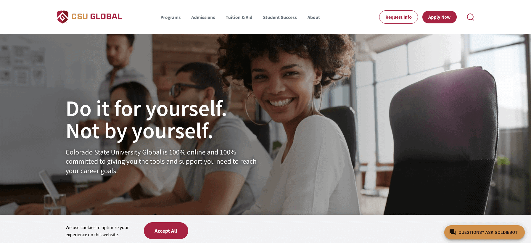scu global homepage with banner image of smiling woman with curly black hair. overlay text says "do it for yourself. not by yourself"