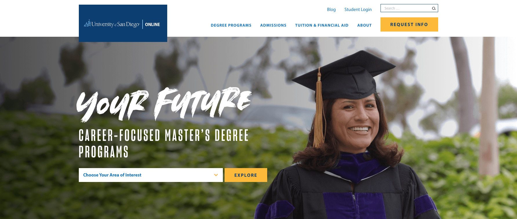 university of san diego online homepage with smiling woman with short brown hair wearing a graduation cap and gown. text says "your future career-focused master's degree programs"