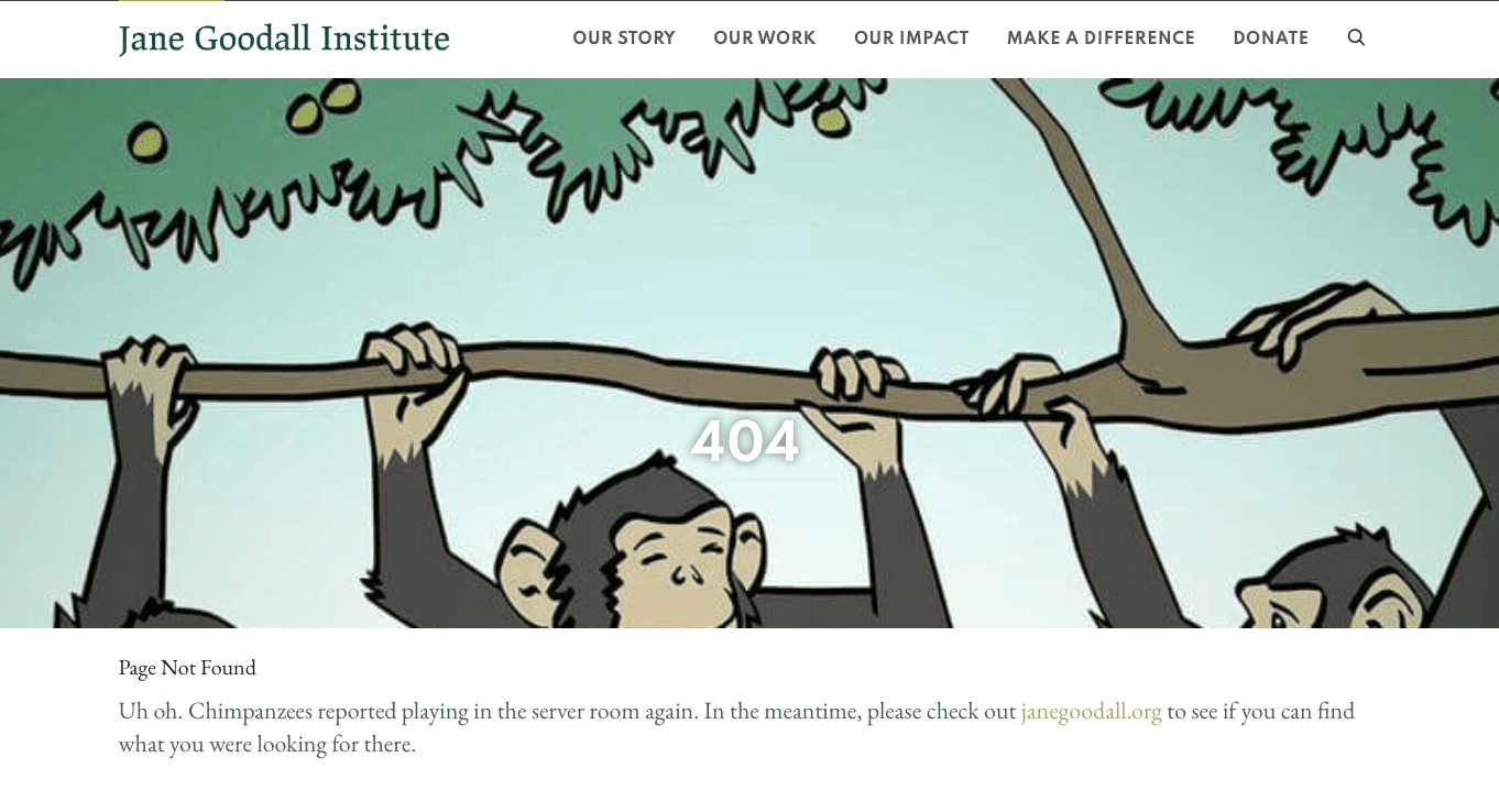 screenshot of a 404 page from Jane Goodall's website featuring illustrated brown monkeys hanging from a tree branch