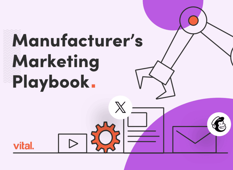 illustration of assembly-line mechanical arm about to pick up X document. Text overlay says "manufacturer's Marketing Playbook"
