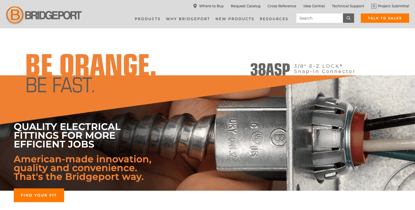 An image of the homepage for Bridgeport Fittings, showing electrical components close-up and the headline Be Orange. Be Fast.