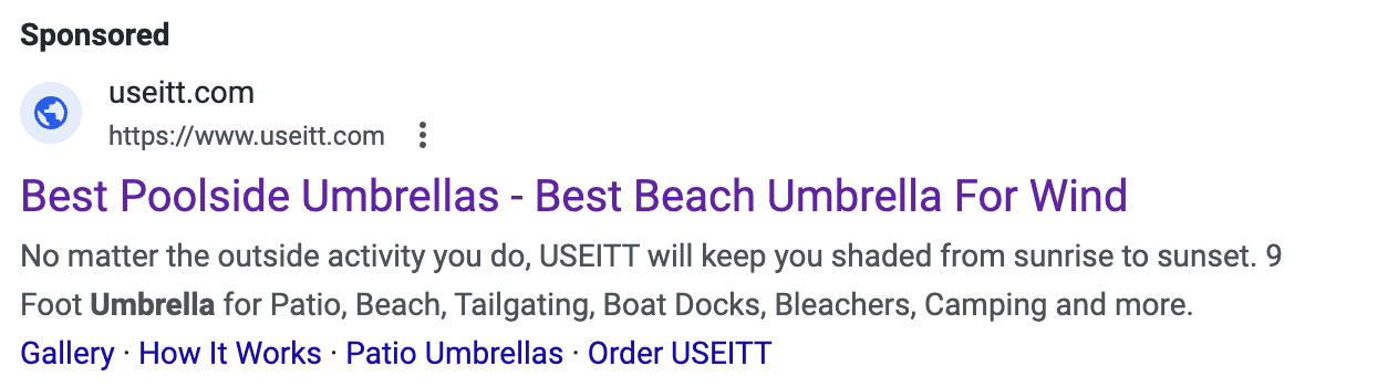 A Google Dynamic Search Ad with the headline Best Poolside Umbrellas - Best Beach Umbrella for Wind. The ad copy reads: No matter the outside activity you do, USEITT will keep you shaded from sunrise to sunset.