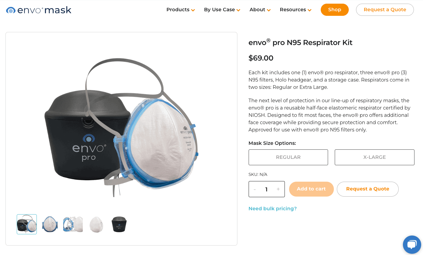  An eCommerce page showing an N95 respirator kit from the manufacturer envoⓇmask.