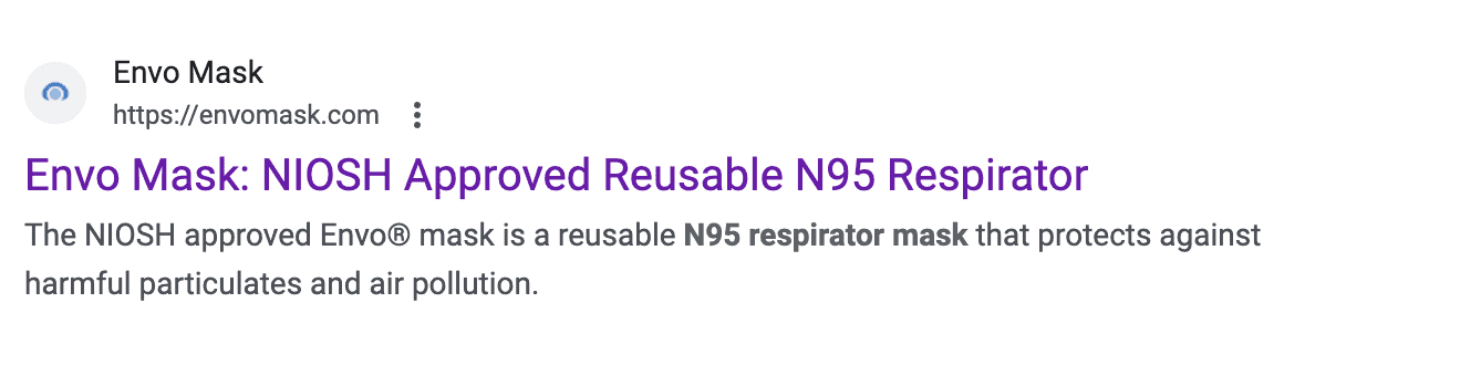 A Google search result for N95 respirators. The headline reads: Envo Mask: NIOSH Approved Reusable n95 Respirator
