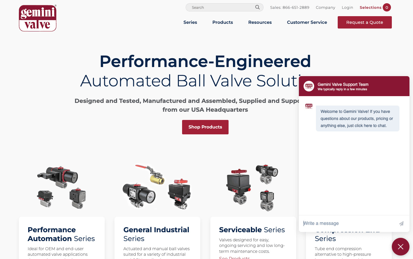 The homepage of Gemini Value, a ball valve supplier, showing photos of ball valve products. A chat window is open in the bottom right.