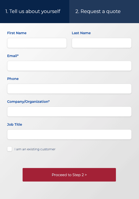 A web form with two tabs labeled “Tell us about yourself” and “Request a Quote”