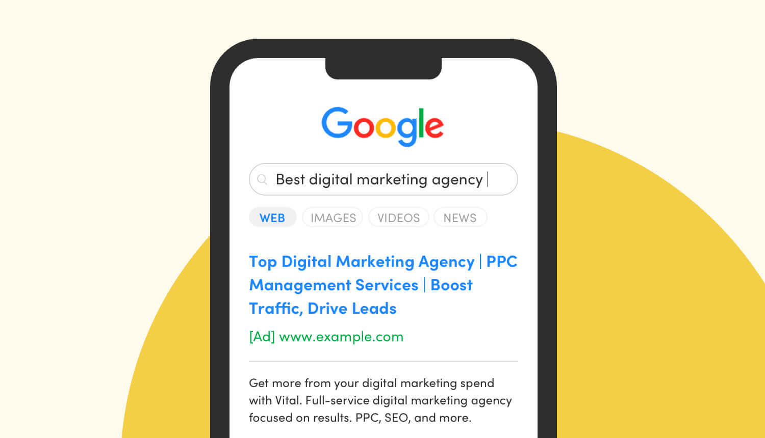 An example of a Google responsive search ad on a mobile device. The search query is “Best digital marketing agency.” The ad shows three headlines, an example URL path, and two descriptions.