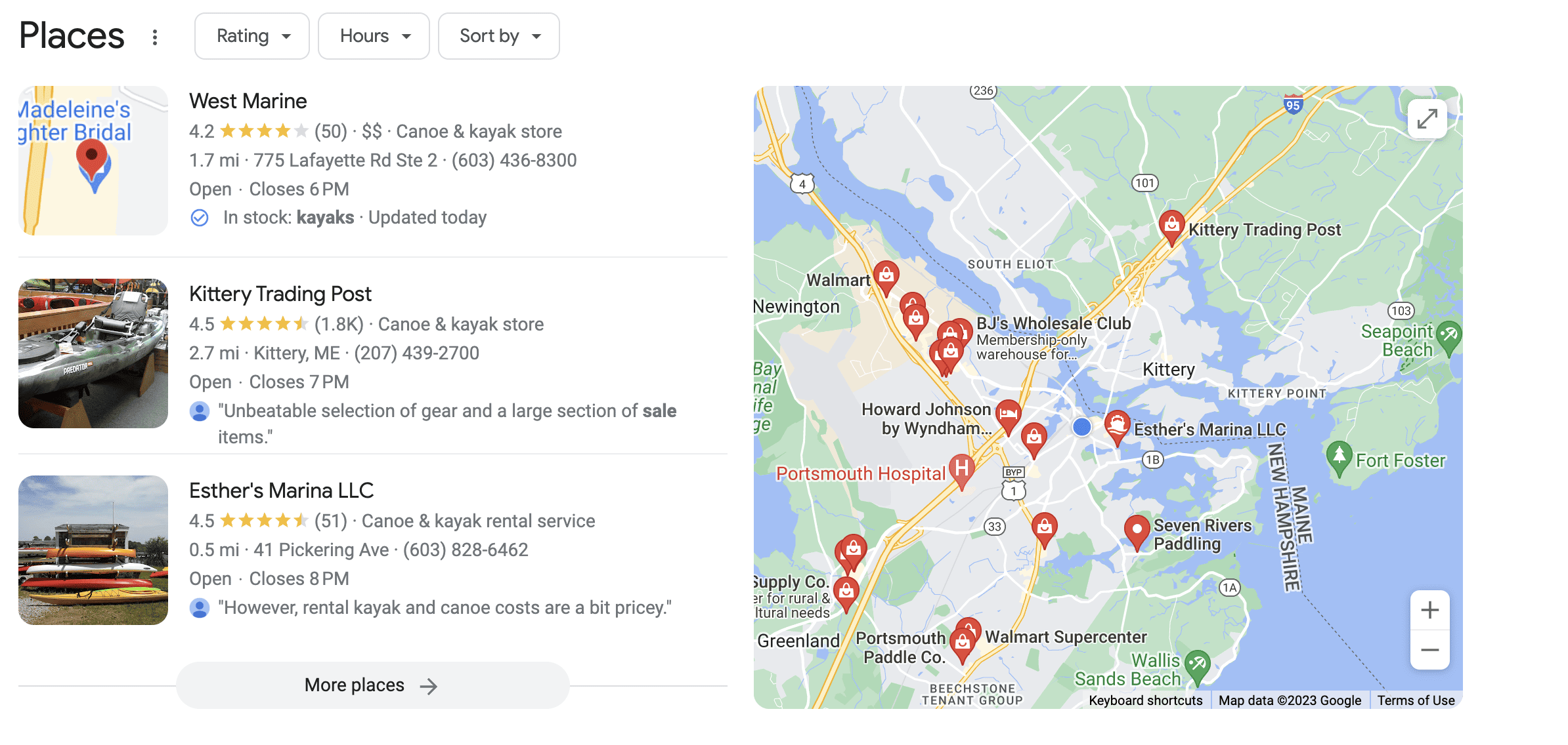 A Google SERP showing local inventory ads for stores that sell kayaks. There are three ads, each with an image, the name of the store, and store information. Next to the ads there is a Google map showing the locations of the stores.
