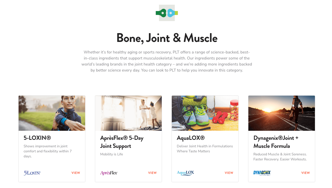 A screenshot of a products page on the website of a food ingredients manufacturer. The page has a headline that reads, “Bone, Joint & Muscle,” and four product cards with images, the name of the product, and a link to learn more.