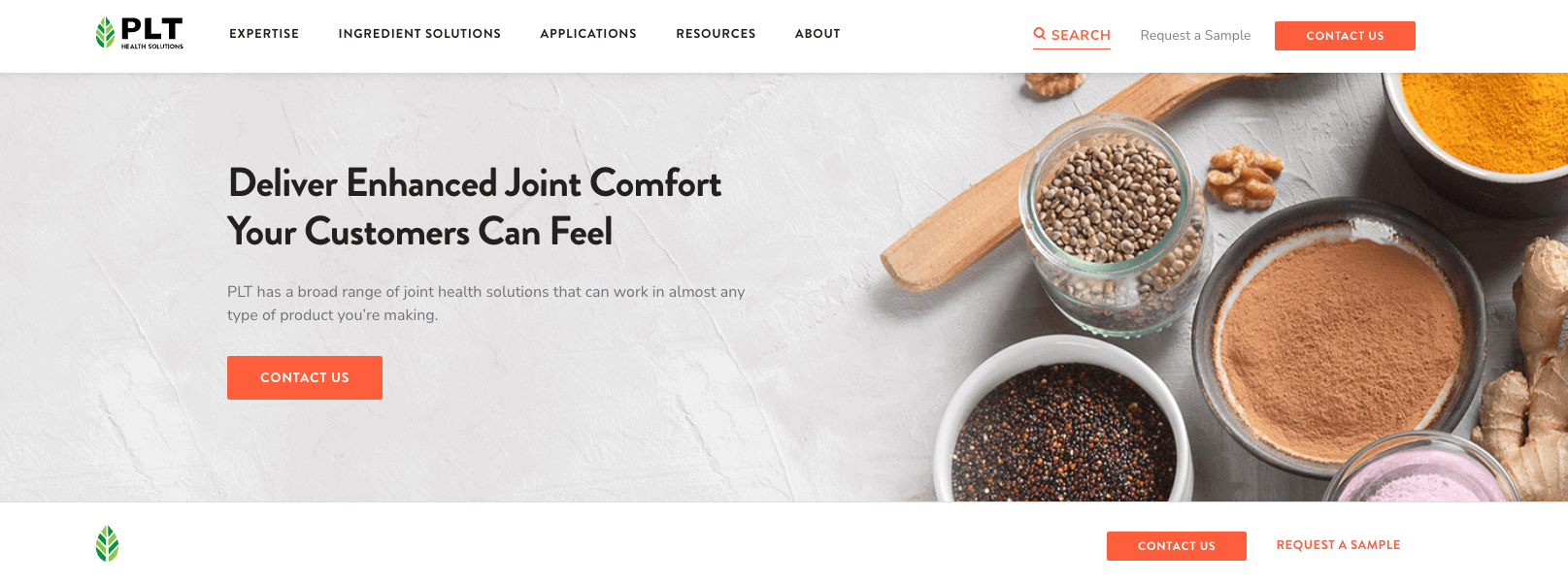 A screenshot of a food ingredient manufacturer’s website. There is a photograph of small glass bowls filled with powders and other ingredients, and the headline, “Deliver Enhanced Joint Comfort Your Customers Can Feel.” There is a prominent orange button that says “Contact Us” on the image. Above and below the image there is link text that reads “Request a Sample.”