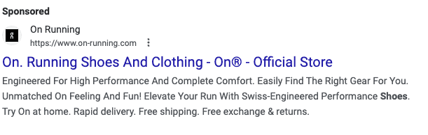 A text-only Google Ad with the headline: On. Running Shoes and Clothing - On - Official Store.