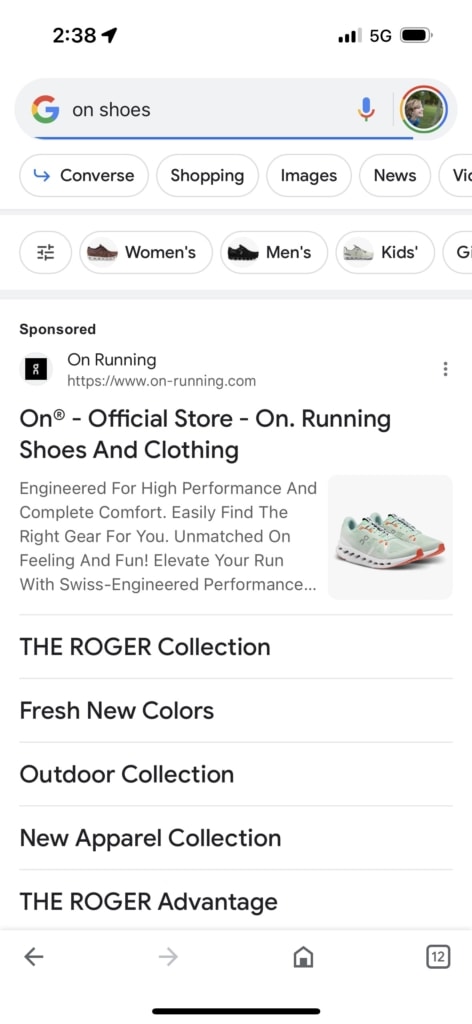 A Google Shopping Ad with the headline: On - Official Store - On. Running Shoes and Clothing. There is a photo of a pair of light green running shoes, and five rows of links to specific pages on the On website.
