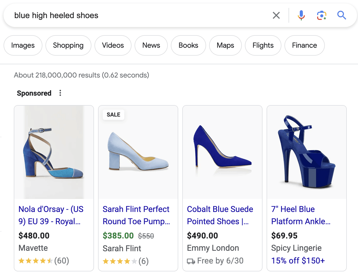 A Google SERP for the key phrase “blue high heeled shoes”. There is a row of four ads labeled Sponsored. Each shows a photo of a different blue high heeled shoe, with a headline, a price, and the name of the online store.