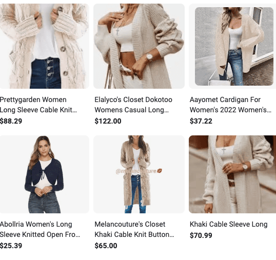 A Google Showcase Ad for the search term “Fall Sweaters”. There are six images of women in cardigan sweaters, with product names and prices below.