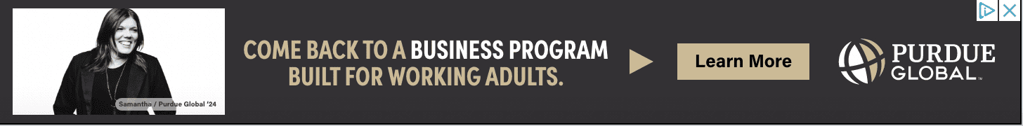 A display banner ad for Purdue Global. There is a small black and white photo of a smiling woman. The headline reads: Come back to a business program built for working adults. There is a tan call-to-action button that reads: Learn More.