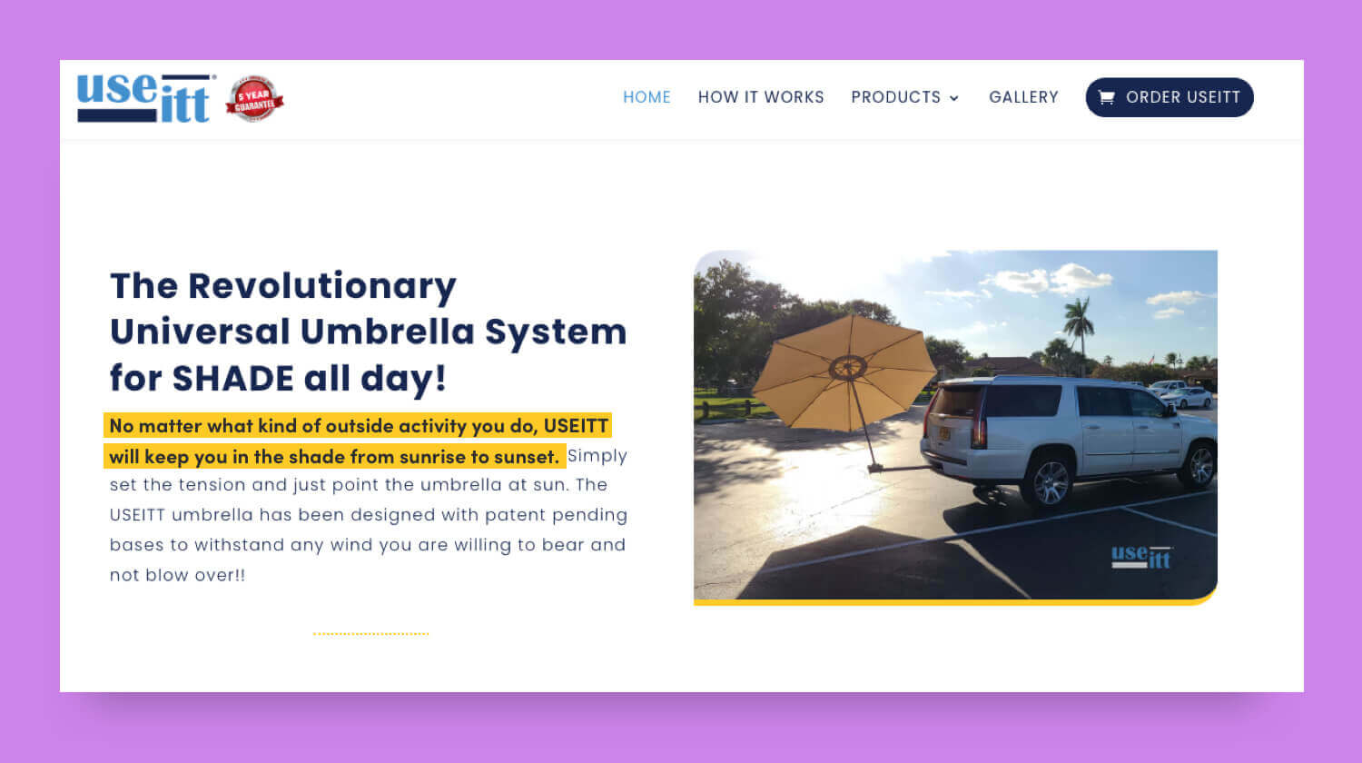 A screenshot from the USEITT website. There is a photo of a white SUV in a sunny parking lot, with a tan beach umbrella attached to the tow hitch. The text next to the photo is magnified to show the phrase: No matter what kind of outside activity you do, USEITT will keep you in the shade from sunrise to sunset.