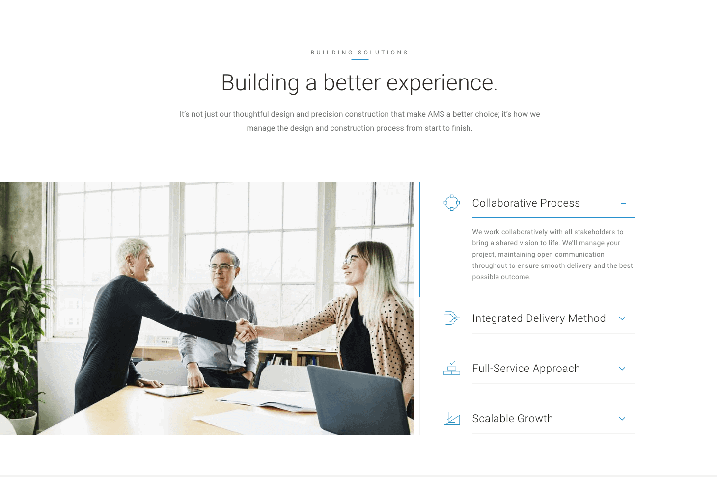 An image of a manufacturing website with the headline “Building a better experience,” and four content areas labeled “Collaborative Process,” “Integrated Delivery System,” “Full-Service Approach,” and “Scalable Growth.”