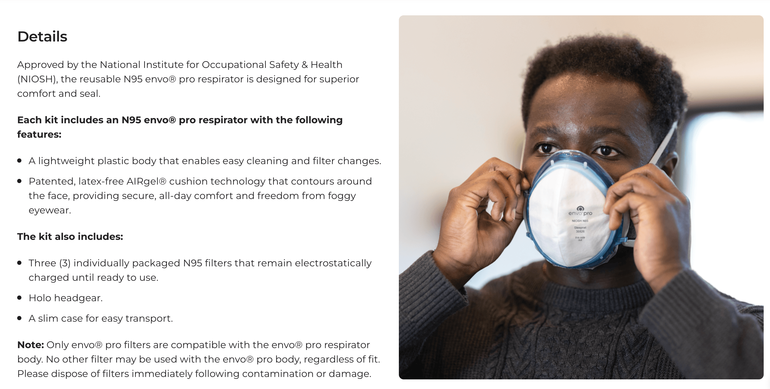 A product detail web page for an N95 respirator, with a photo of a Black man with short curly black hair placing a respirator over his nose and mouth.