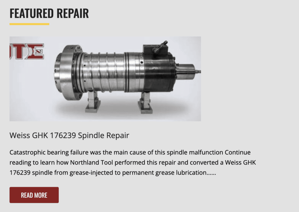 A photo of a steel spindle, with the headline “Weiss GHK 176239 Spindle Repair.”