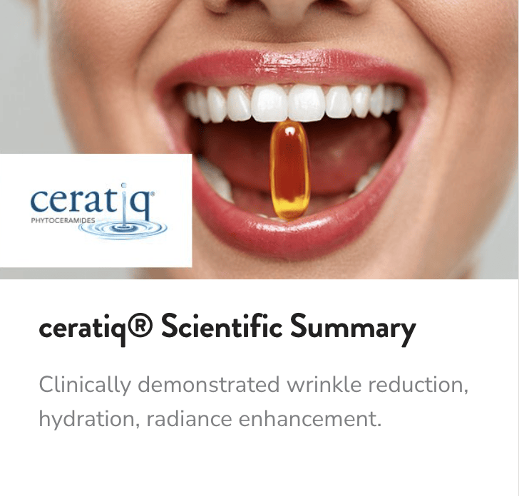 A photo of the lower half of a woman’s face. She is holding a golden capsule between her teeth. The headline reads: “ceratiqⓇ Scientific Summary.”