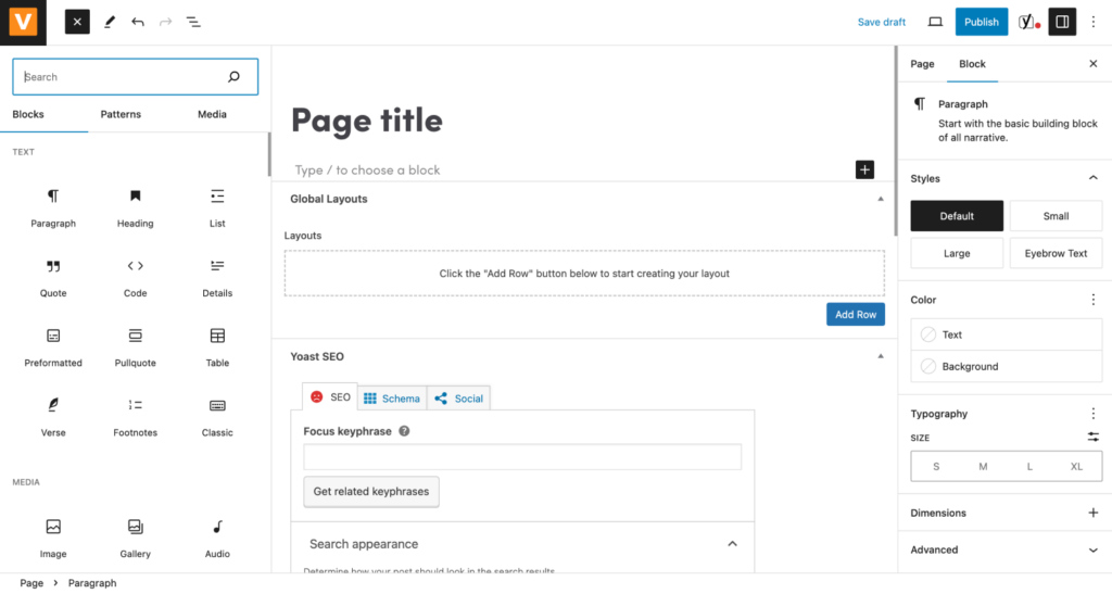 Adobe Commerce (formerly Magento) vs Woocommerce: Find the Best Fit for Your Business 2 screenshot of what the backend of the block editor looks like in WordPress