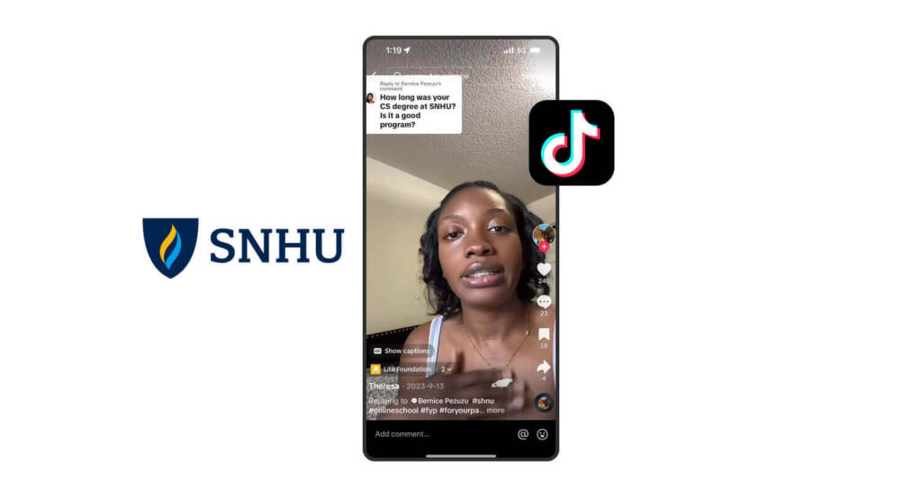 Higher Education Branding: 12 Strategies to Prove Your Institution’s Value to Tomorrow’s Students (w/ Examples) 8 A screenshot of a TikTok video showing a Black woman responding to a follower’s comment asking about her experience as an SNHU student.