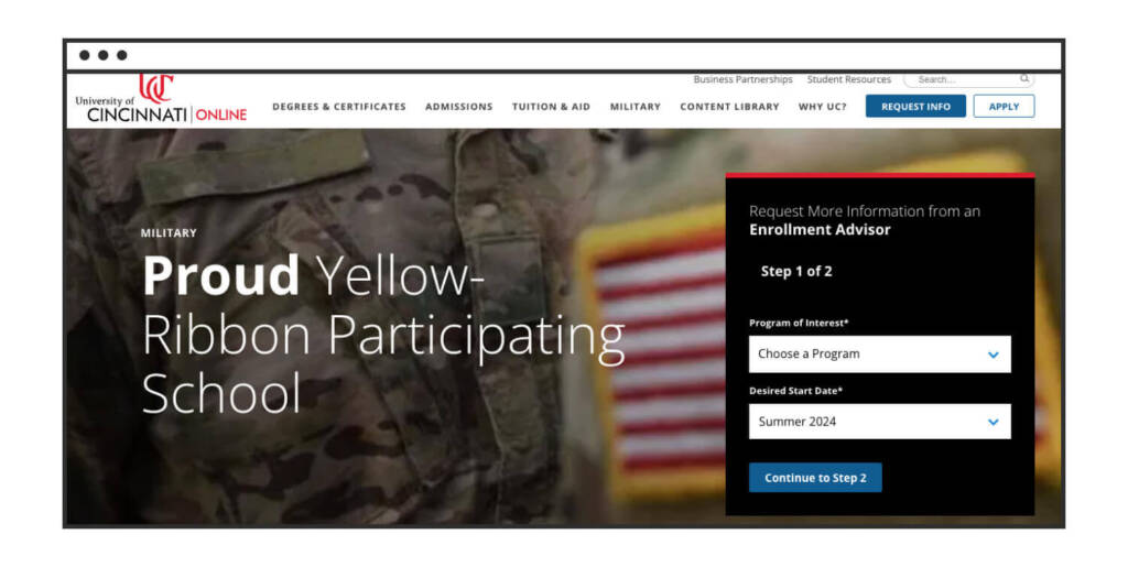 Higher Education Branding: 12 Strategies to Prove Your Institution’s Value to Tomorrow’s Students (w/ Examples) 6 A website screenshot from the University of Cincinnati Online highlighting the school’s military veteran support program.