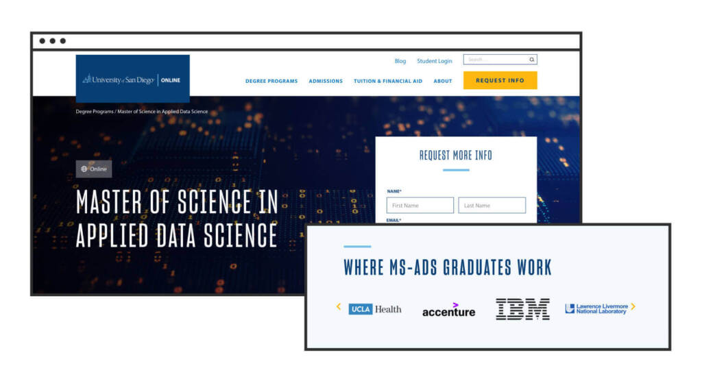 Higher Education Branding: 12 Strategies to Prove Your Institution’s Value to Tomorrow’s Students (w/ Examples) 2 Logos of institutions where graduates of the USD Online Master of Science in Applied Data Science work.