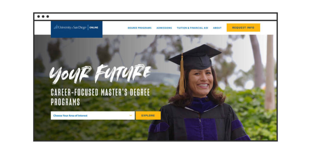 Higher Education Branding: 12 Strategies to Prove Your Institution’s Value to Tomorrow’s Students (w/ Examples) 11 A smiling woman in a cap and gown with the headline: Your Future, Career-Focused Master’s Degree Programs.