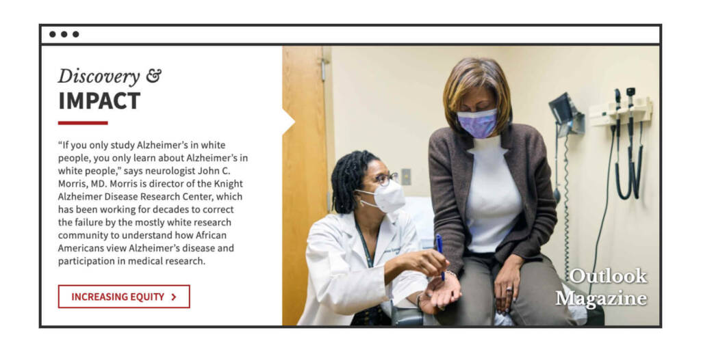 Higher Education Branding: 12 Strategies to Prove Your Institution’s Value to Tomorrow’s Students (w/ Examples) 9 A Black woman doctor wearing a mask assesses a Black woman patient wearing a mask, with text describing a program to research Alzheimer’s disease in the African American community.