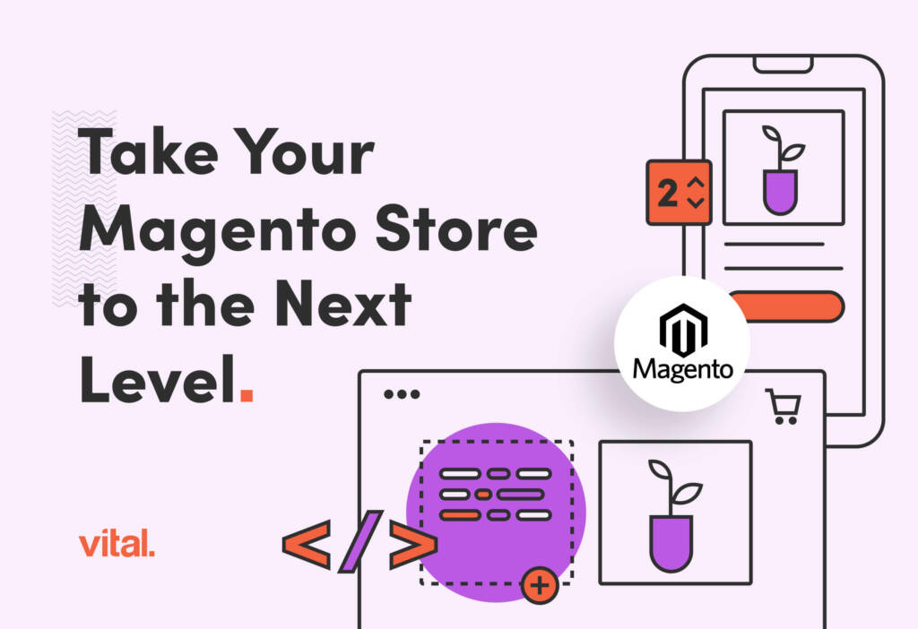 purple graphic of a web page on a mobile phone with text overlay "take your magento store to the next level"