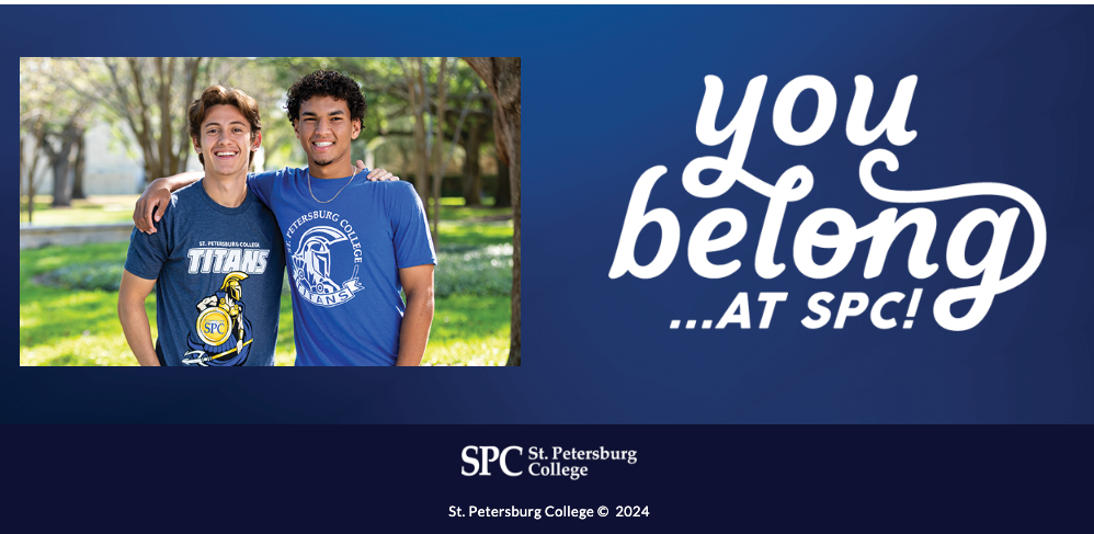 PPC Landing Page Design for Universities: 5 Layouts + 3 Common Mistakes 8 The footer of a St. Petersburg College landing page showing two students and a cursive script that says "you belong as SPC!"
