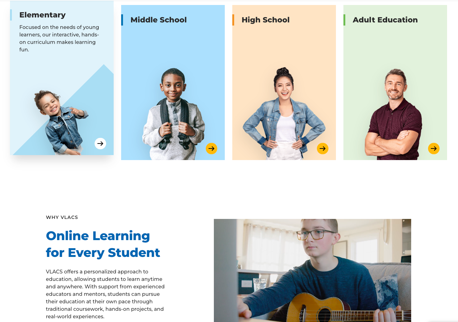 PPC Landing Page Design for Universities: 5 Layouts + 3 Common Mistakes 9 A VLACs landing page showing four graphic links for different class levels, each with an image of a representative student, going from Elementary to Middle School to High School to Adult Education. Below the links is a Why VLACs module that includes a short video that plays on a loop.