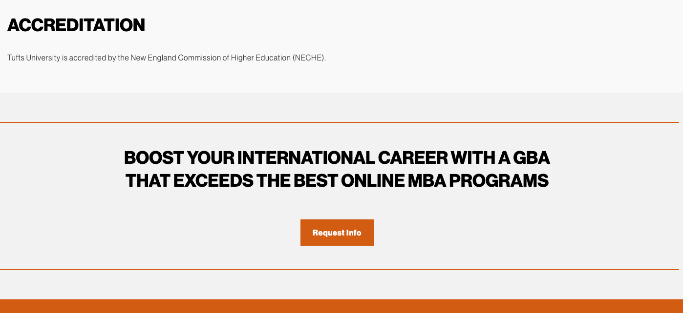 PPC Landing Page Design for Universities: 5 Layouts + 3 Common Mistakes 12 The bottom of the Tufts University landing page, showing an CTA that will bring the user back to the top of the page. The CTA says "Boost your international career with a GBA that exceeds the best online MBA programs."
