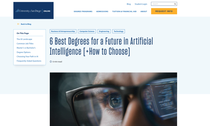 University of San Diego Online Degrees | SEO Content Strategy 10 Degrees for AI Blog