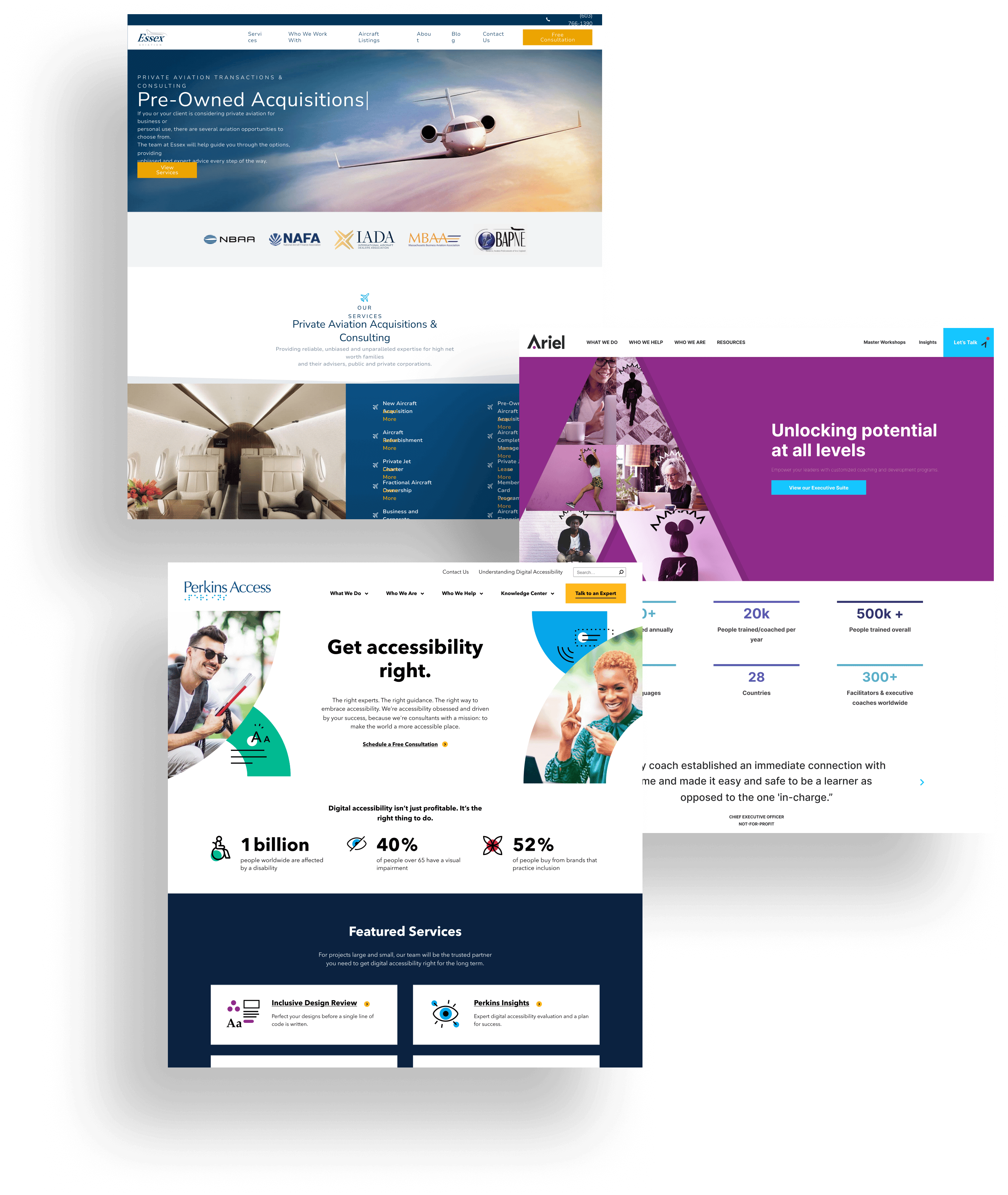 The homepage for 3 different modern websites