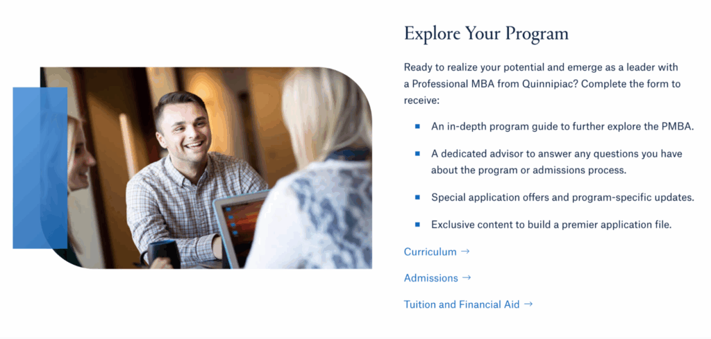 'The 'Explore Your Program Module' on Quinnipiac University's MBA landing page features an image of a group of students sitting at laptops. The right side has bullet points with next steps for students and CTAs linking out to the university's curriculum, admissions, and tuition and financial aid pages.