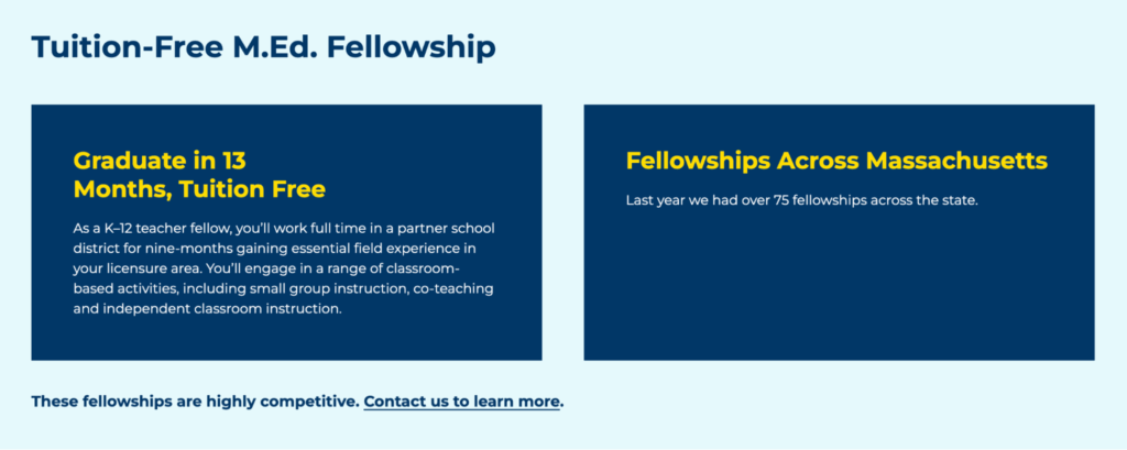 Social proof and other key information from Merrimack College's Master of Education fellowship landing page is displayed in two dark blue boxes. The box to the left features information about the program's structure, including duration and tuition, while the box to the right mentions fellowships across Massachusetts.