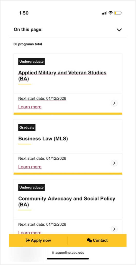 Mobile view of ASU Online’s program list, with a sticky footer showing “Apply now” and “Contact” buttons.
