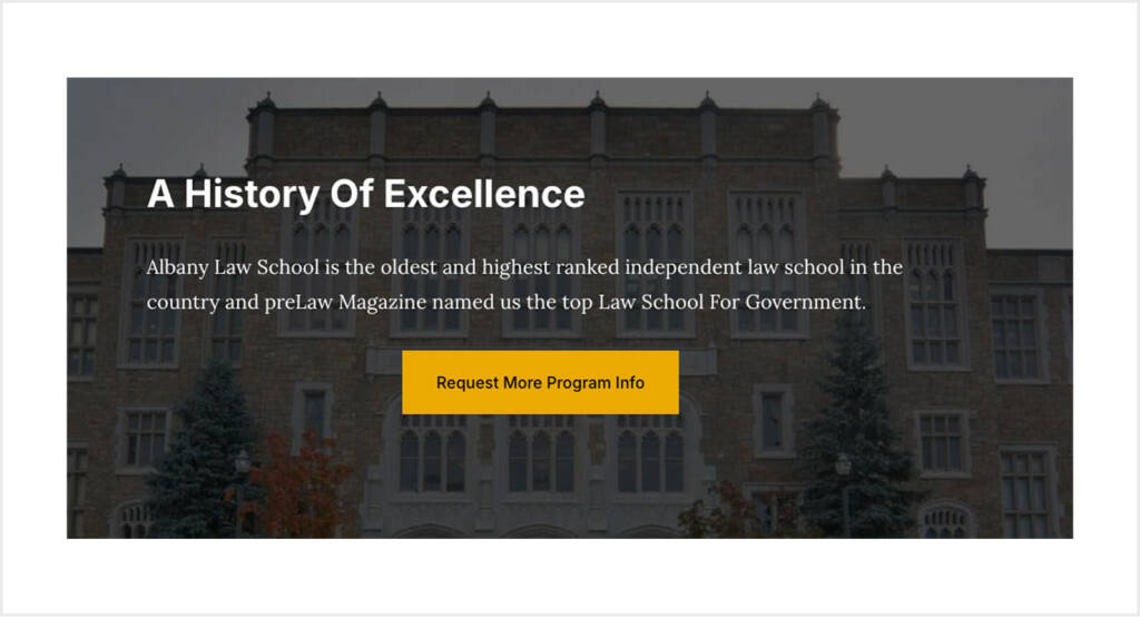 Side-by-side callouts on Albany Law’s page highlighting institutional credibility and employment outcomes.